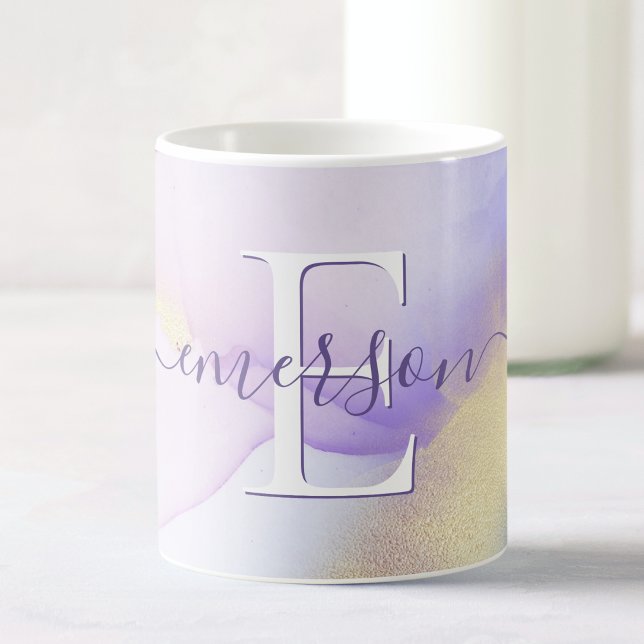 Mug Glam Lilac Gold Abstrait Peinture Élégant Monogram (Créateur téléchargé)