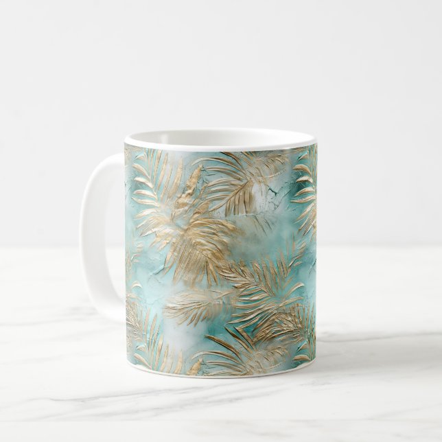 Mug Gold Aqua White Feuilles tropicaux (Devant gauche)