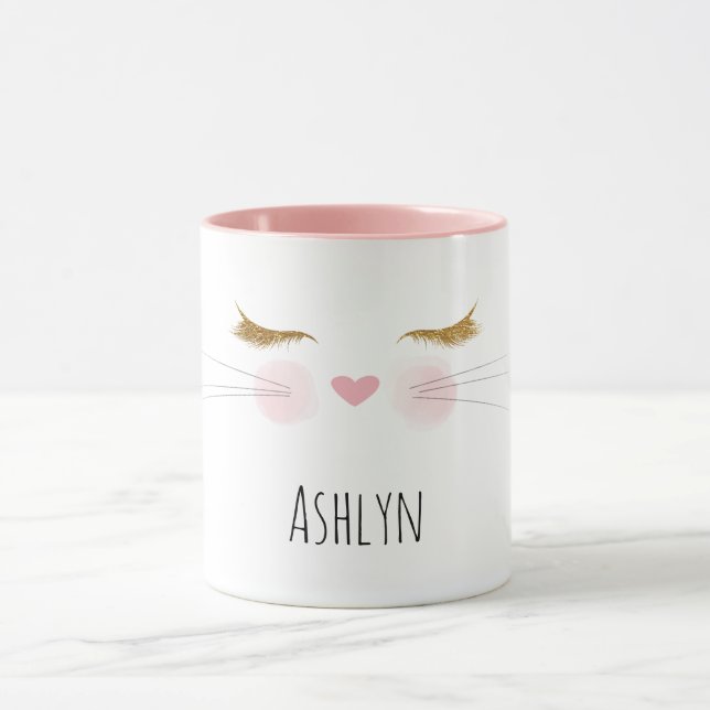 Mug Gold Glitter Eyelashes Pink Nose Kitty Cat Face (Centre)