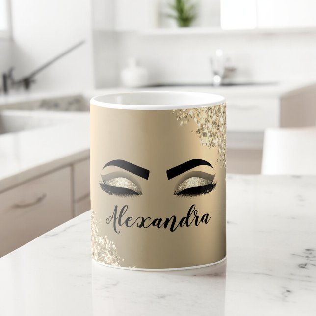 Mug Gold Glitter Sparkle Eyelashes Monogram (Créateur téléchargé)