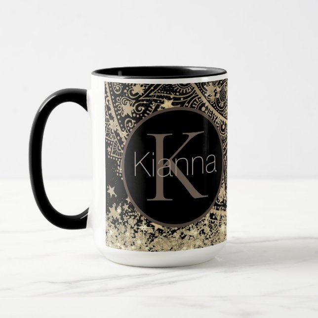 Mug Gold Lotus Mandala Glittery Stars Monogramme (Gauche)