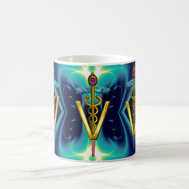 Mug GOLDEN CADUCEUS VETERINARY SYMBOL Blue Turquoise (Centre)