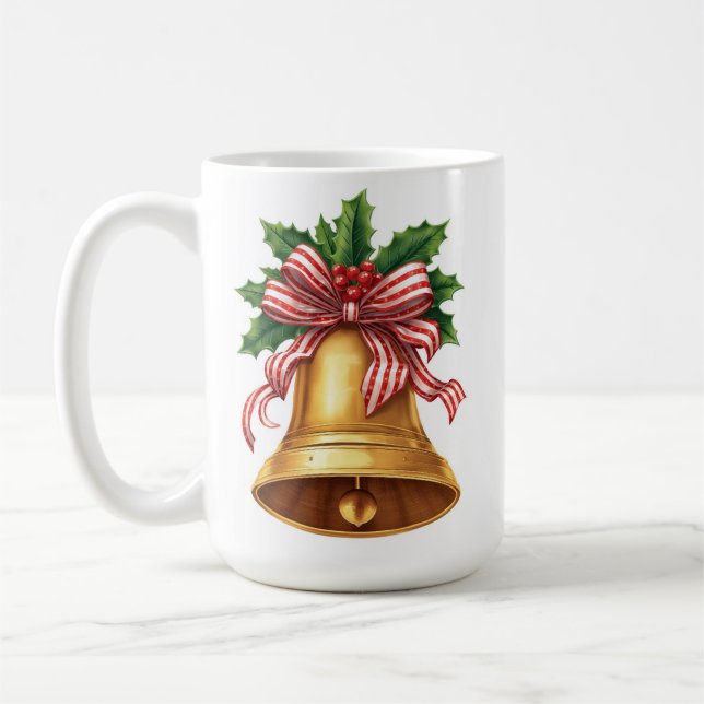 Mug Golden Christmas Bell Holly and Stripe Bow (Gauche)