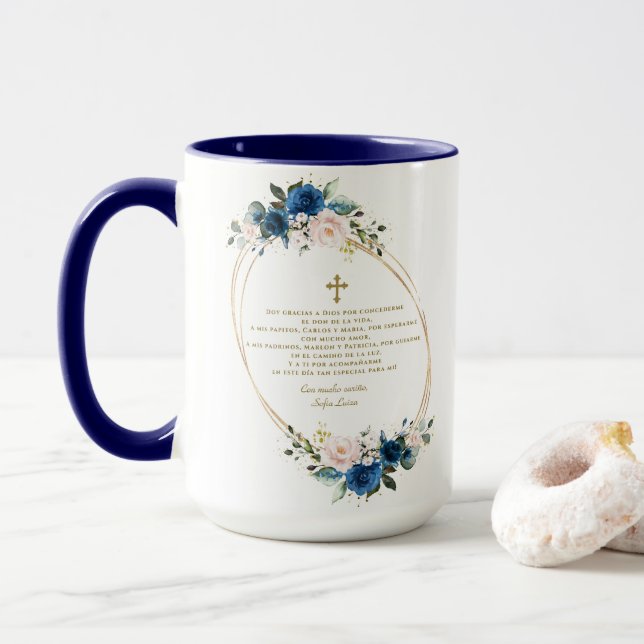 Mug Gracias Florales Bleues Espagnoles Con Oración Bau (Avec donut)