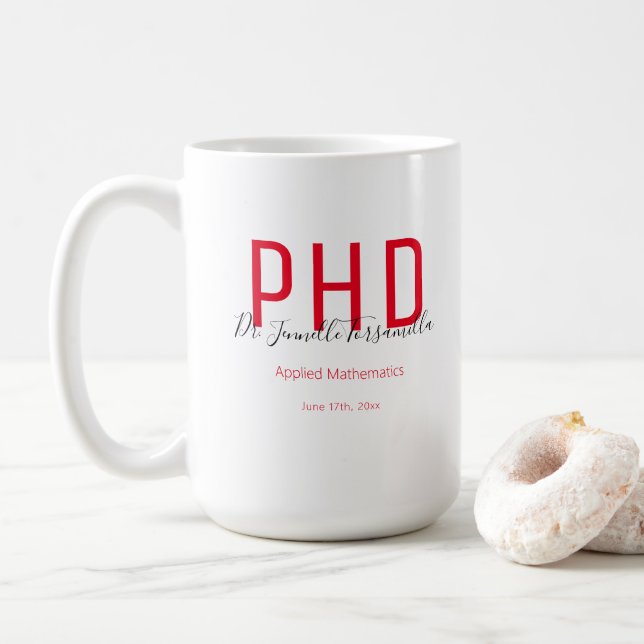 Mug Graduate Keepsaké Rouge Nom noir PhD (Avec donut)