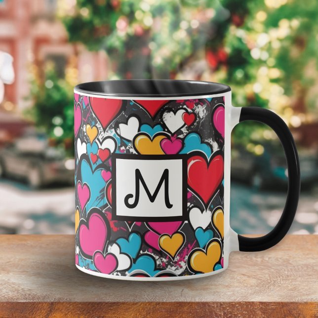 Mug Graffiti Hearts Colorful Pattern Monogrammed (A colorful coffee mug with monogram initial and vibrant graffiti hearts design in street art style)