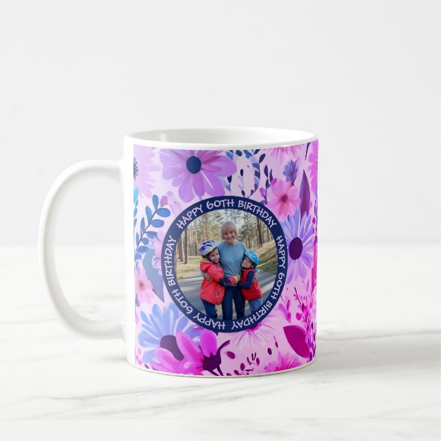 Mug Grand-mère 60e anniversaire rose et bleu photo flo (Gauche)