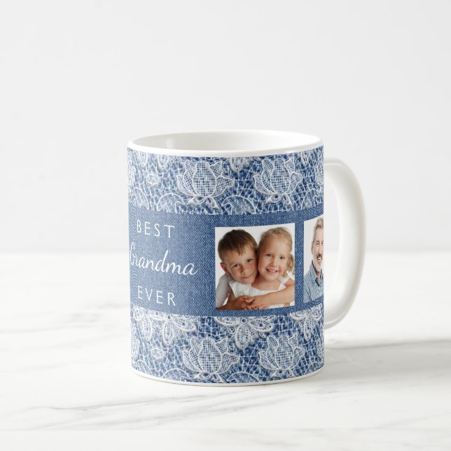 Mug Grand-mère bleu denim dentelle photo collage (Devant droit)
