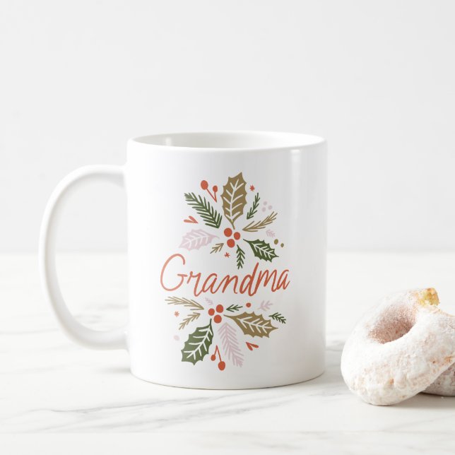 Mug Grand-mère brillant Holly Noël Rouge Script (Avec donut)