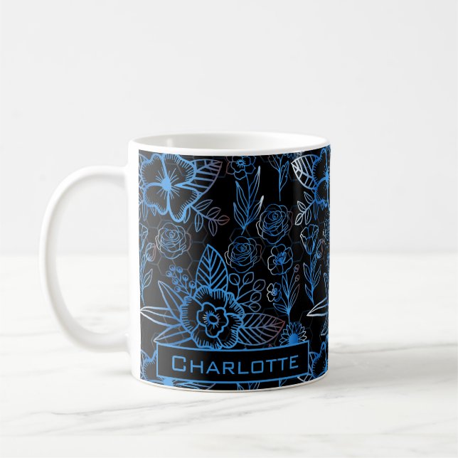 Mug Grand motif fleuri bleu nom personnalisé (Gauche)
