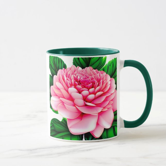 Mug Grande Pivoine Rose avec Feuilles Vert Émeraude  (Droite)
