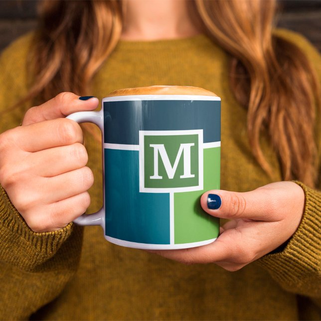 Mug Grandes bandes en bleu et vert avec Monogrammes (Créateur téléchargé)