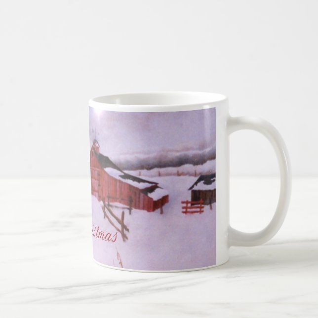 Mug Grange rouge et ferme dans la neige d'hiver (Droite)