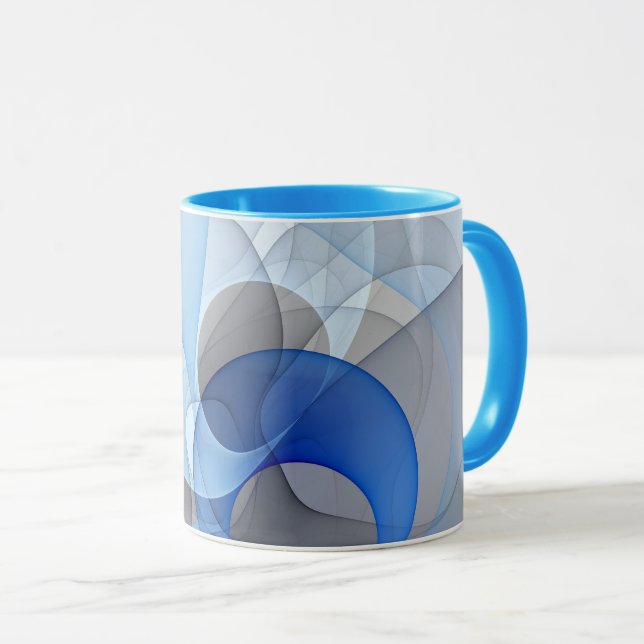 Mug Graphique d'art fractal gris bleu Abstrait moderne (Devant droit)