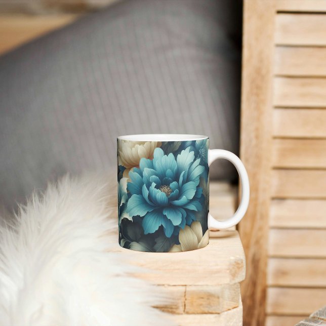 Mug Gras en bleu et florale de crème délicate (Créateur téléchargé)