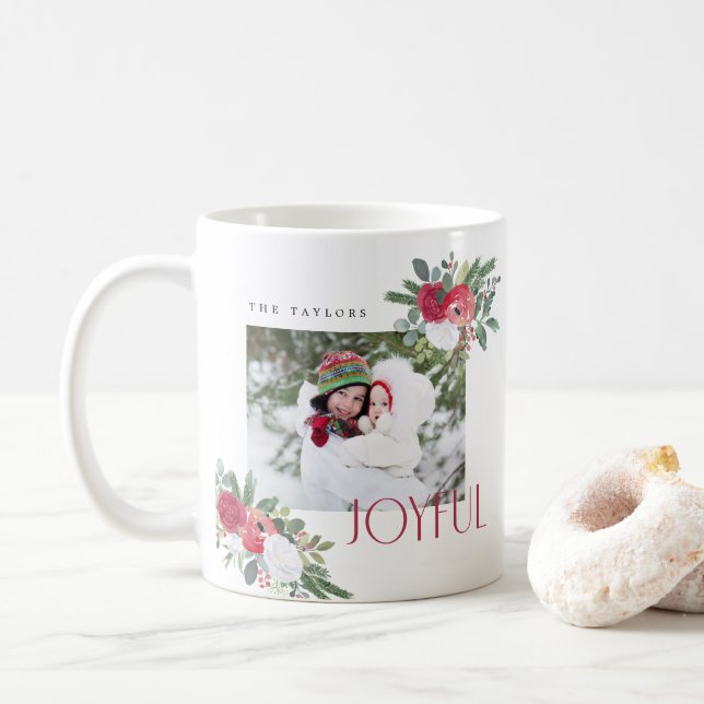 Mug Gras Joyful Florals Photo Holiday Card (Avec donut)
