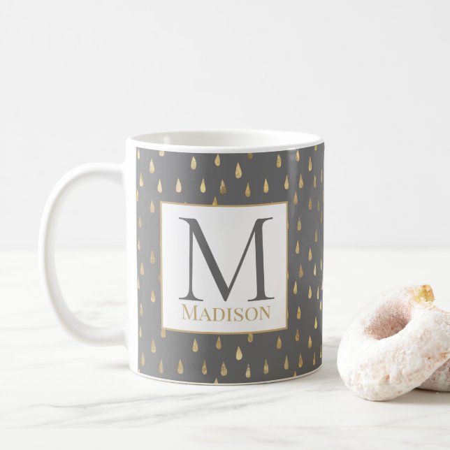 Mug Gray Gold Raindrop Moderne Monogramme tendance (Avec donut)