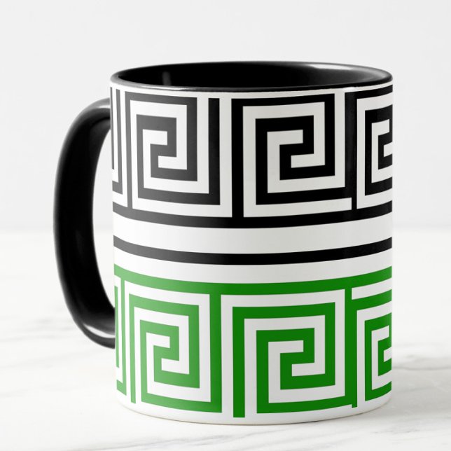 Mug Green Black White Greek Key Fret Pattern Design  (Créateur téléchargé)