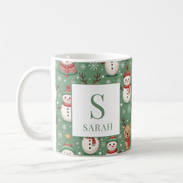 Mug Green Christmas Snowman & Reindeer Monogram Name (Gauche)