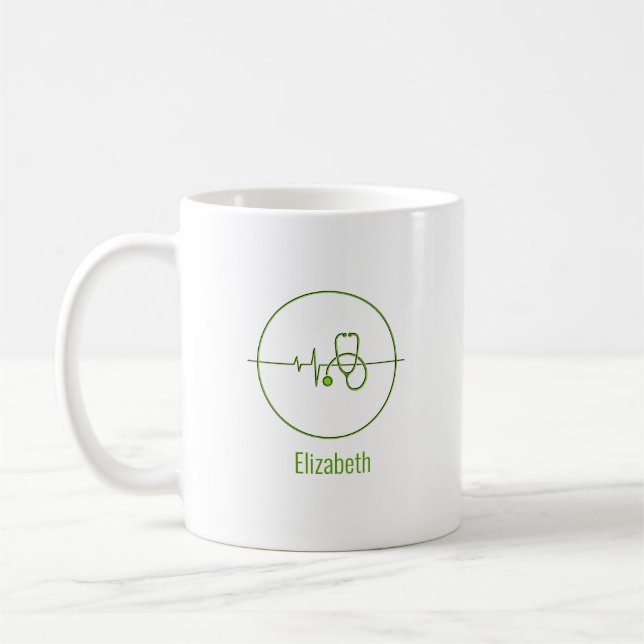 Mug Green Médicale Stethoscope Heartbeat Nom personnal (Gauche)