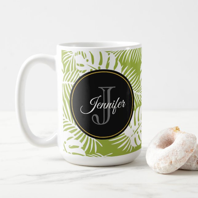 Mug Green Palm Feuille Rainforest Motif Monogram (Avec donut)