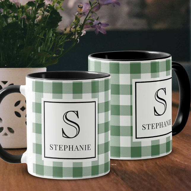 Mug Green & White Plaid Black Typography Monogram Name (Créateur téléchargé)