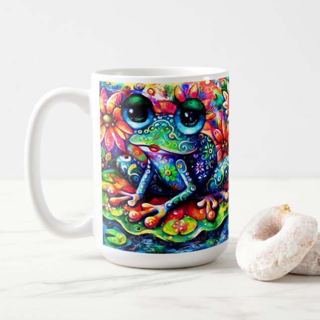 Mug Grenouille florale couleur Whimsical sur Lily Pad (Avec donut)