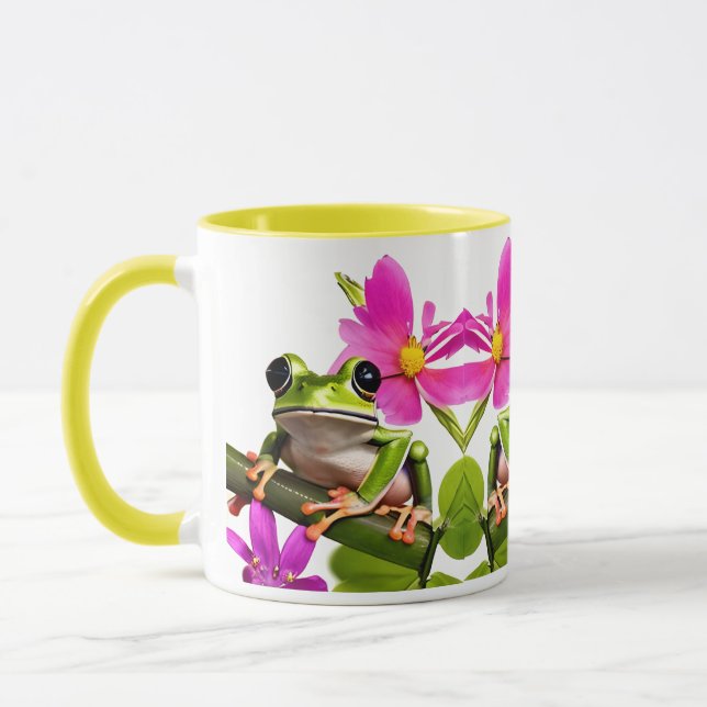 Mug Grenouille verte adorable entourée de fleurs roses (Gauche)