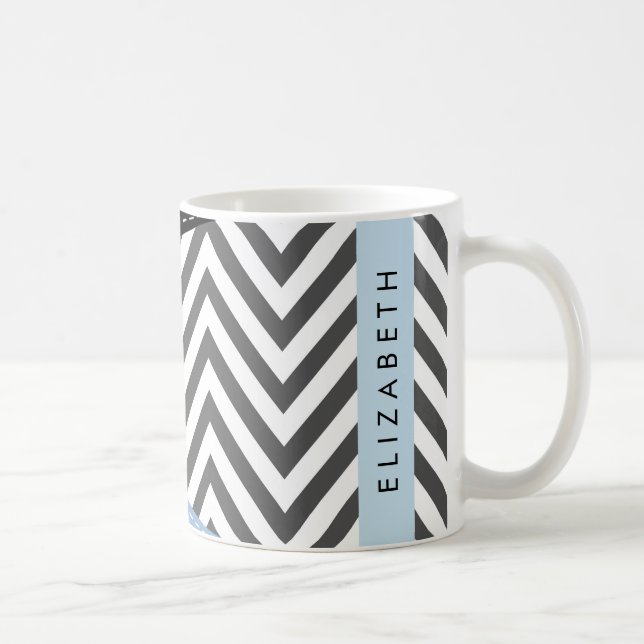 Mug Grey Zigzag, Grey Chevron, Bleu, Votre Nom (Droite)