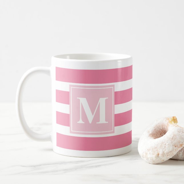 Mug Grille rose et blanche moderne avec Monogramme (Avec donut)