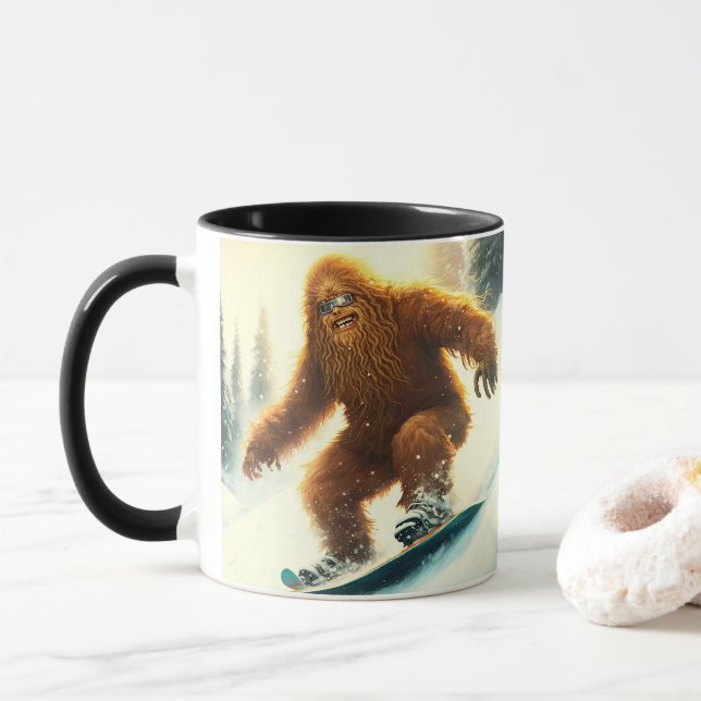 Mug Grinning Bigfoot Sasquatch Snowboard Powder (Avec donut)