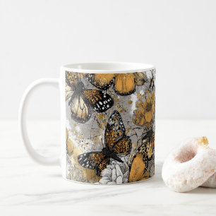 Mug Gris Blanc Or Papillons Floraux Élégants