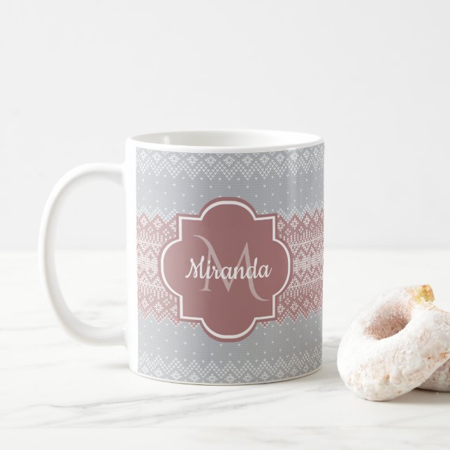 Mug Gris chic et rose cinglé rayures et monogramme (Avec donut)