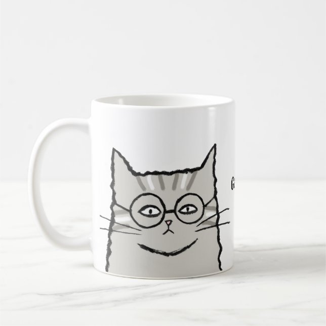 Mug Gris Tabby Chat avec lunettes Nom personnalisé Amo (Gauche)