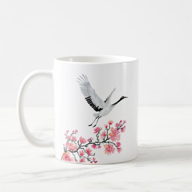 Mug Grue japonaise personnalisée et fleurs de cerisier (Gauche)