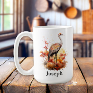 Mug Grue oiseau automne aquarelle faune