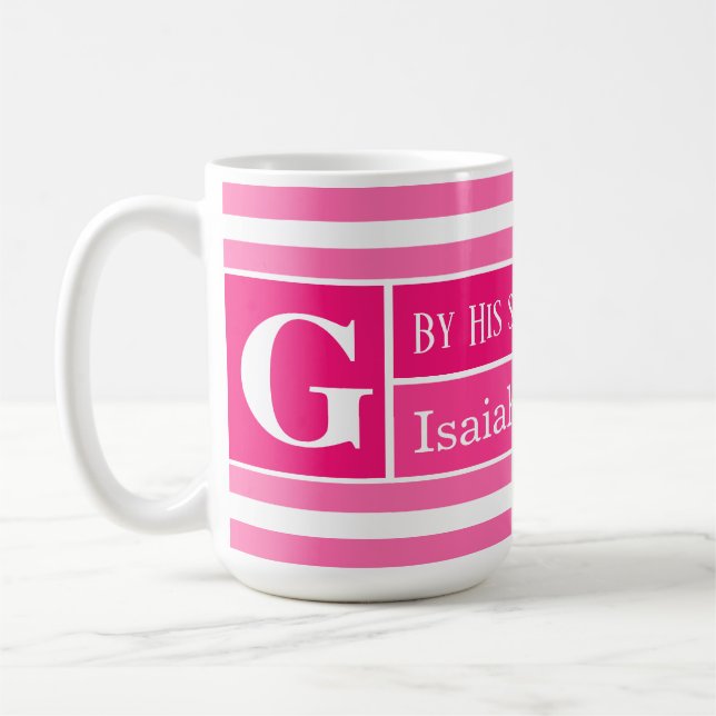 Mug Guérir Bible Verse rose et blanc strié initial (Gauche)