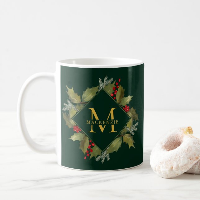 Mug Guirlande de houx de monogramme d'aquarelle de (Avec donut)