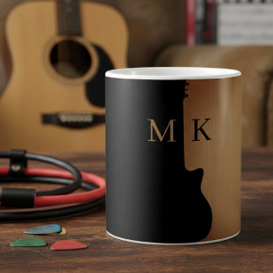 Mug Guitare Silhouette Bois Brun Monogramme Nom