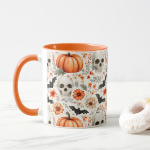 Mug Halloween Crânes fleurs et citrouille