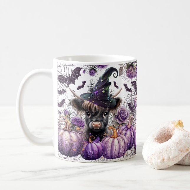Mug Halloween Highland Vache sorcière violet Citrouill (Avec donut)