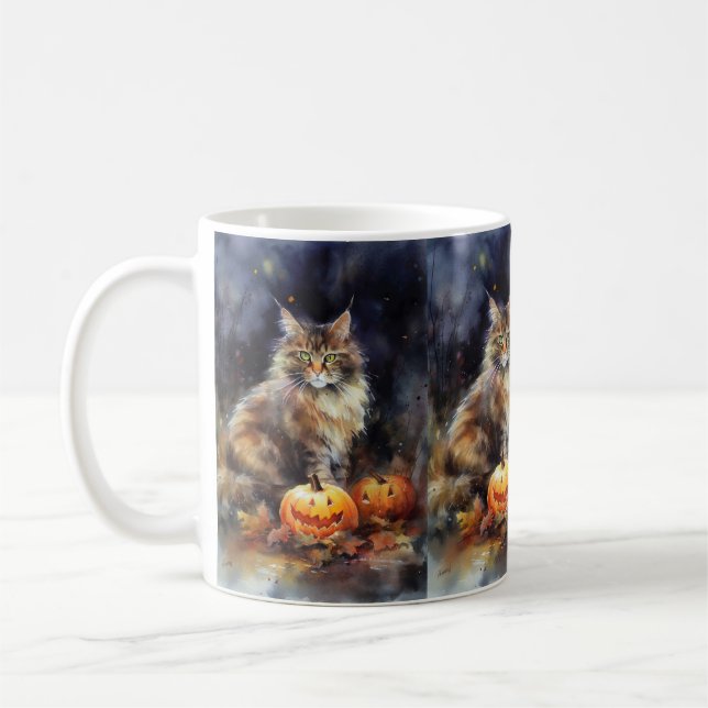 Mug Halloween Maine Coon Chat Avec Crainte Citrouille (Gauche)
