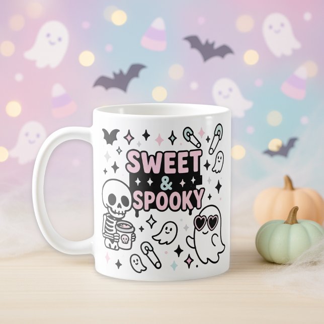 Mug Halloween rose pastel doux et Éffrayant (Sweet & Spooky Kawaii Halloween Mug • Cute Ghosts, Skeleton & Pastel Stars Coffee Cup)