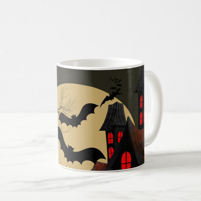 Mug Halloween Rouge noir Haunted Maison Pleine lune ch (Devant droit)