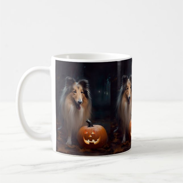 Mug Halloween Rough Collie Avec Citrouille effroi (Gauche)