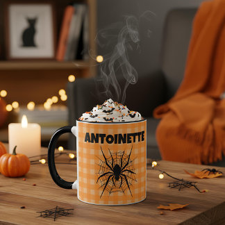 Mug Halloween Spider in Cobweb Orange Gingham Plaid