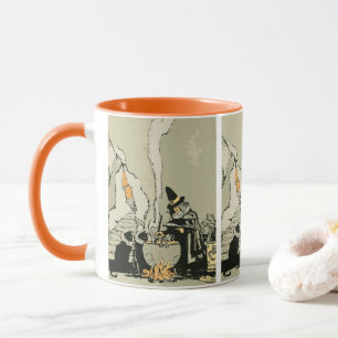 Mug Halloween vintage, sorcière avec chaudron et chats