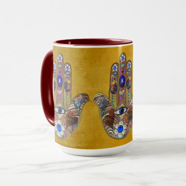 Mug Hamsa Coeurs Fleurs Opal Art sur Or (Devant gauche)