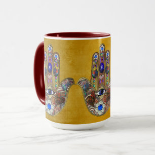 Mug Hamsa Cœurs Fleurs Opale Art sur Or