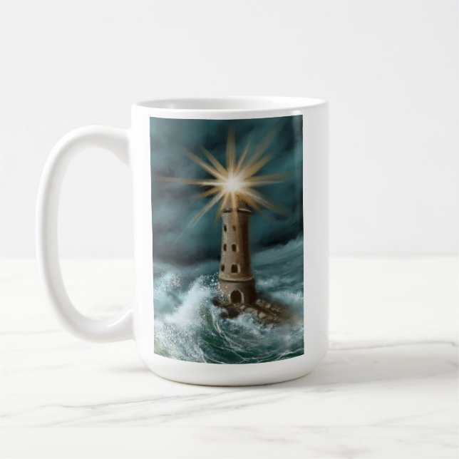 Mug hand drawn and painted light house by the sea (Gauche)